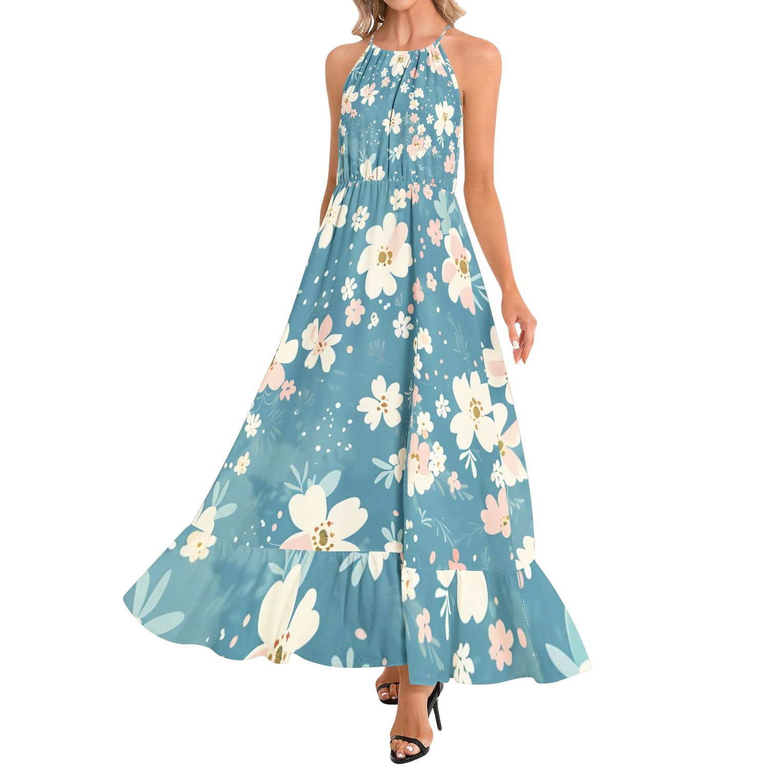 Ruffle Hem Halter Neck Maxi Dress