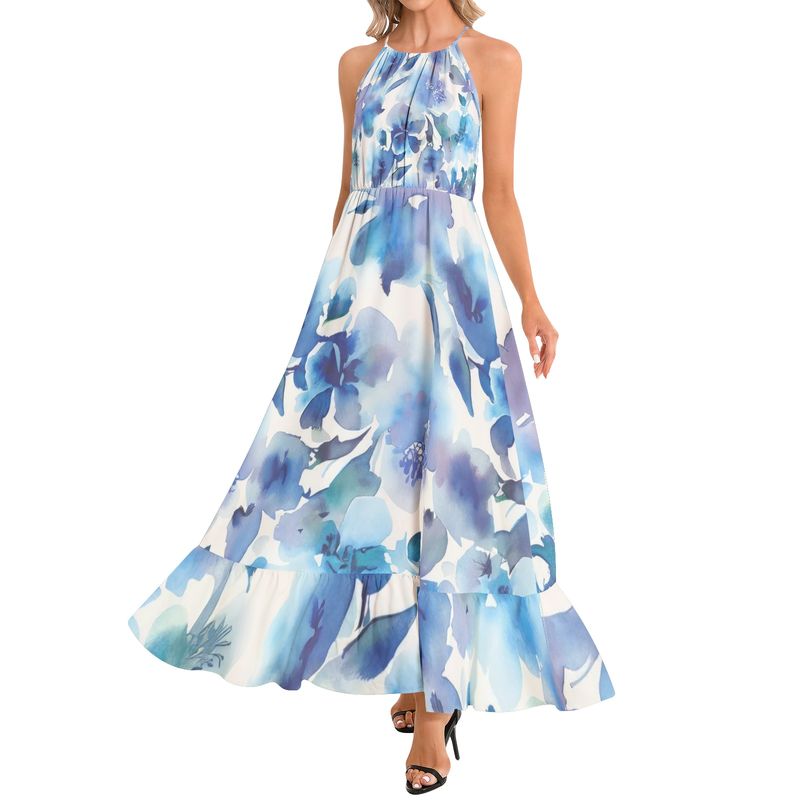 Ruffle Hem Halter Neck Maxi Dress