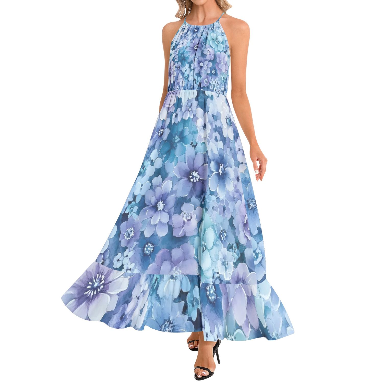 Ruffle Hem Halter Neck Maxi Dress