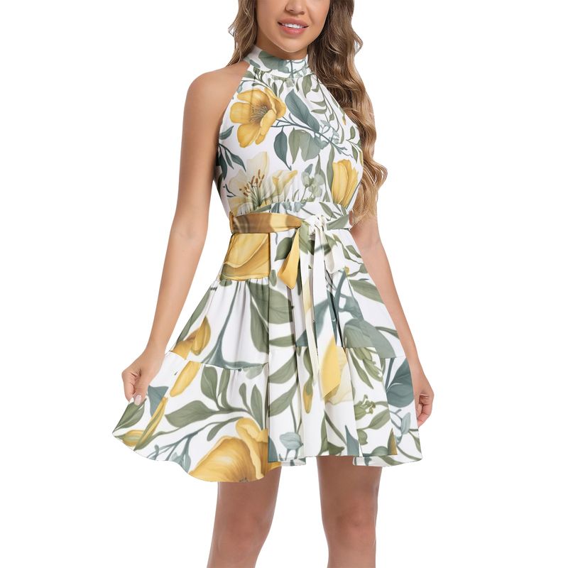 Ruffle Hem Belted Halter Dress