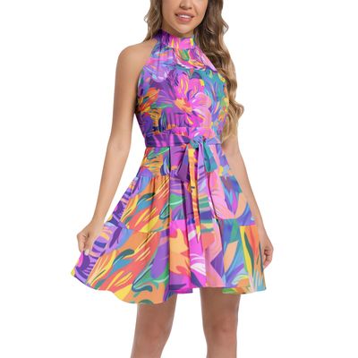 Ruffle Hem Belted Halter Dress