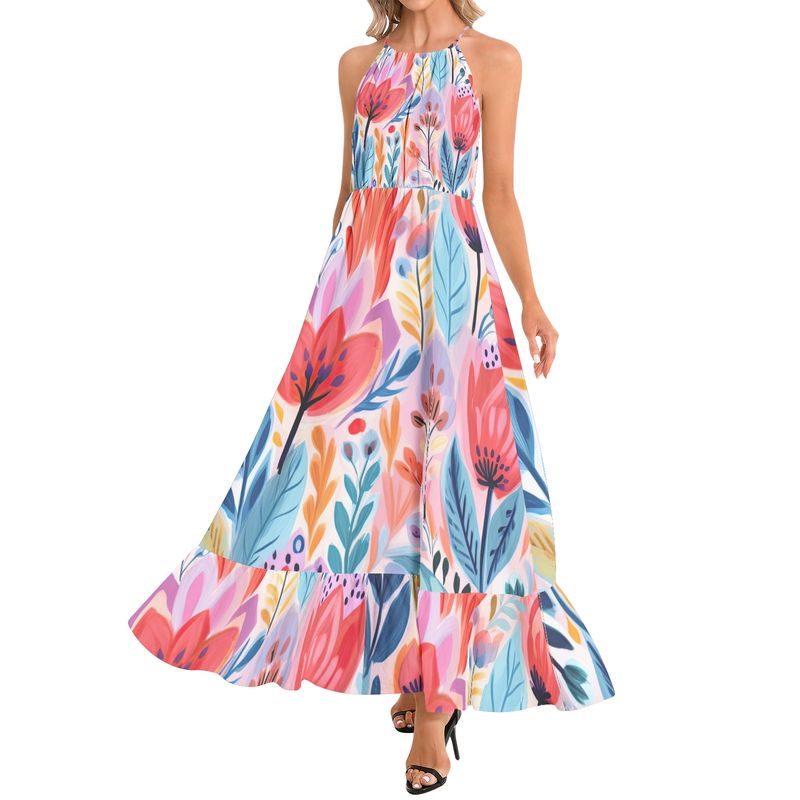 Ruffle Hem Halter Neck Maxi Dress