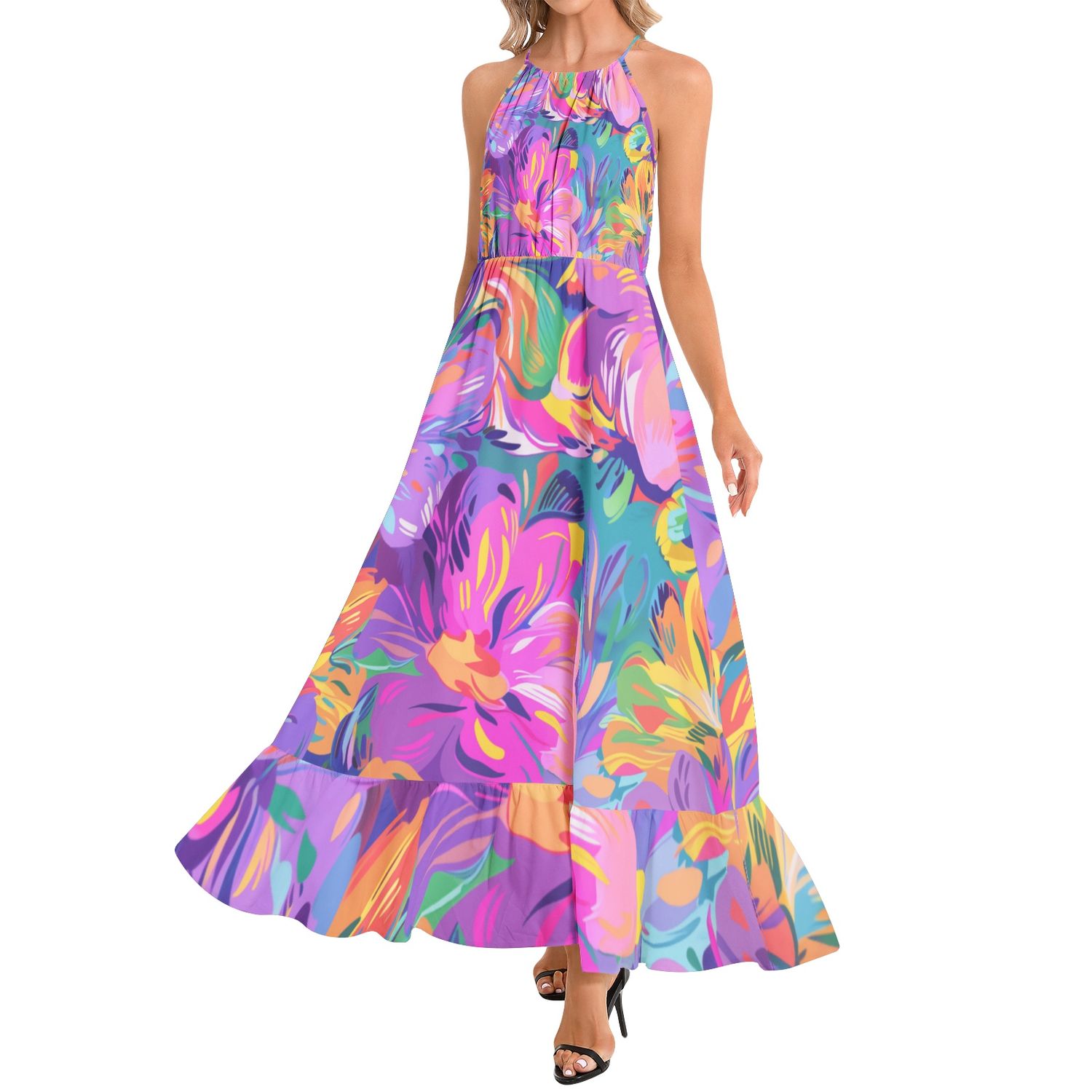 Ruffle Hem Halter Neck Maxi Dress