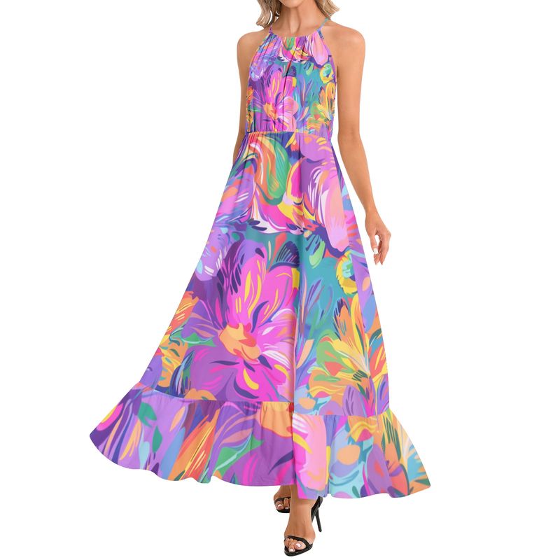 Ruffle Hem Halter Neck Maxi Dress