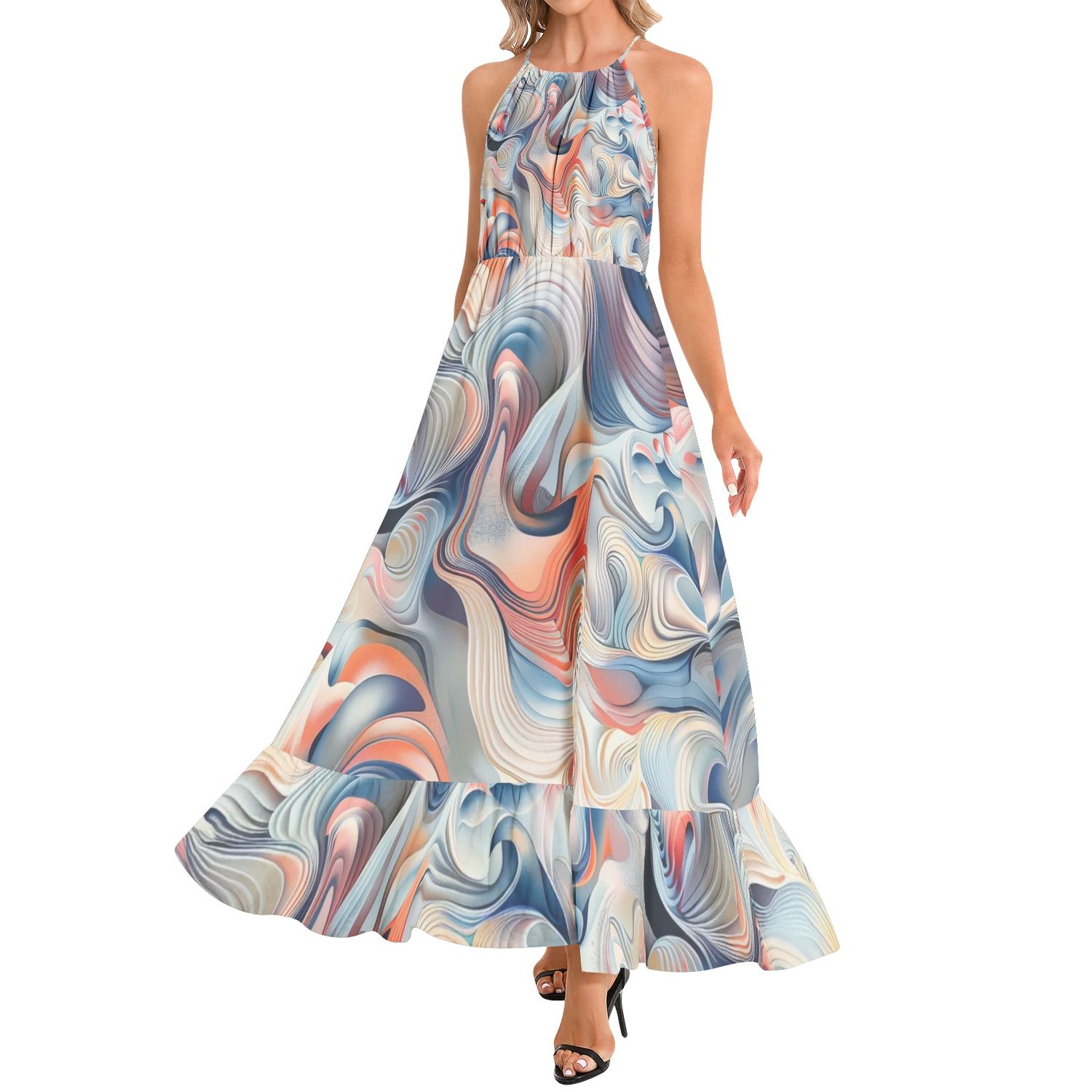 Ruffle Hem Halter Neck Maxi Dress