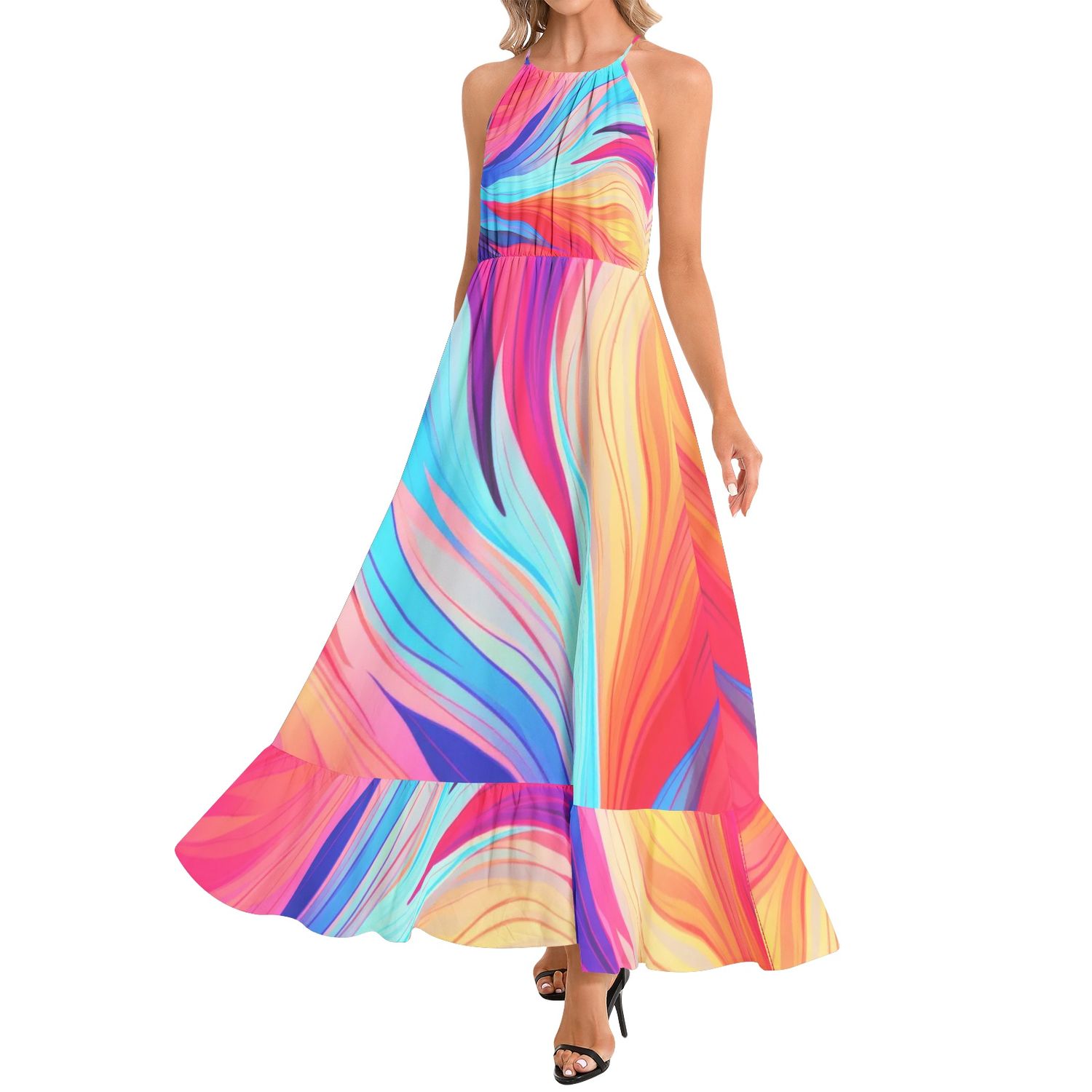 Ruffle Hem Halter Neck Maxi Dress