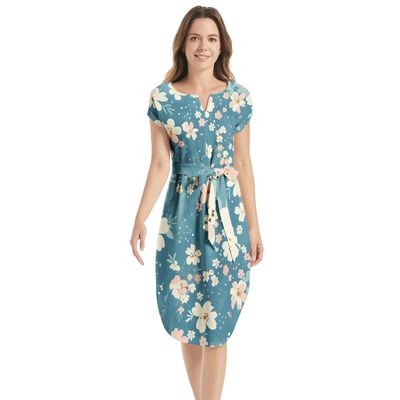 Notched Neck Belted Dress