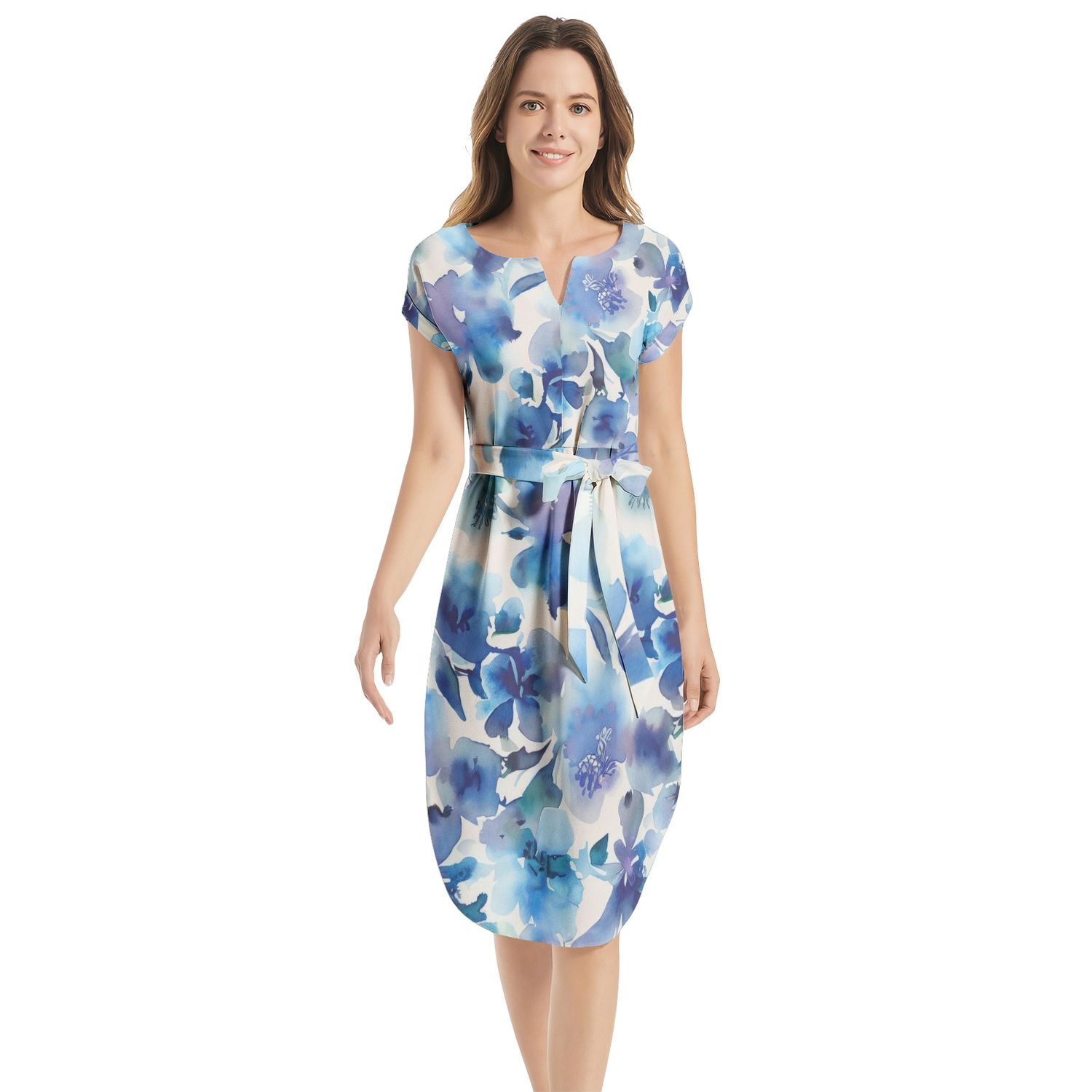 Notched Neck Belted Dress