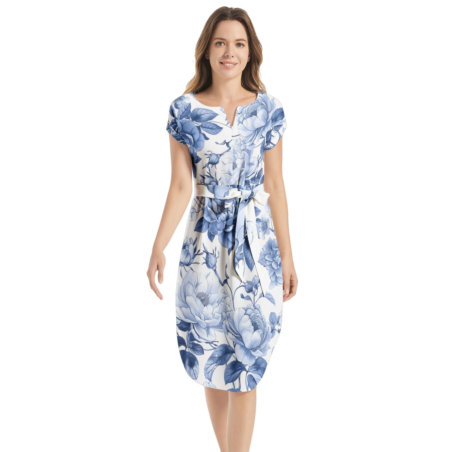 Notched Neck Belted Dress