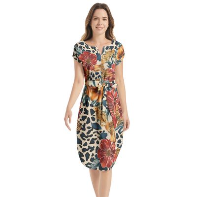 Notched Neck Belted Dress