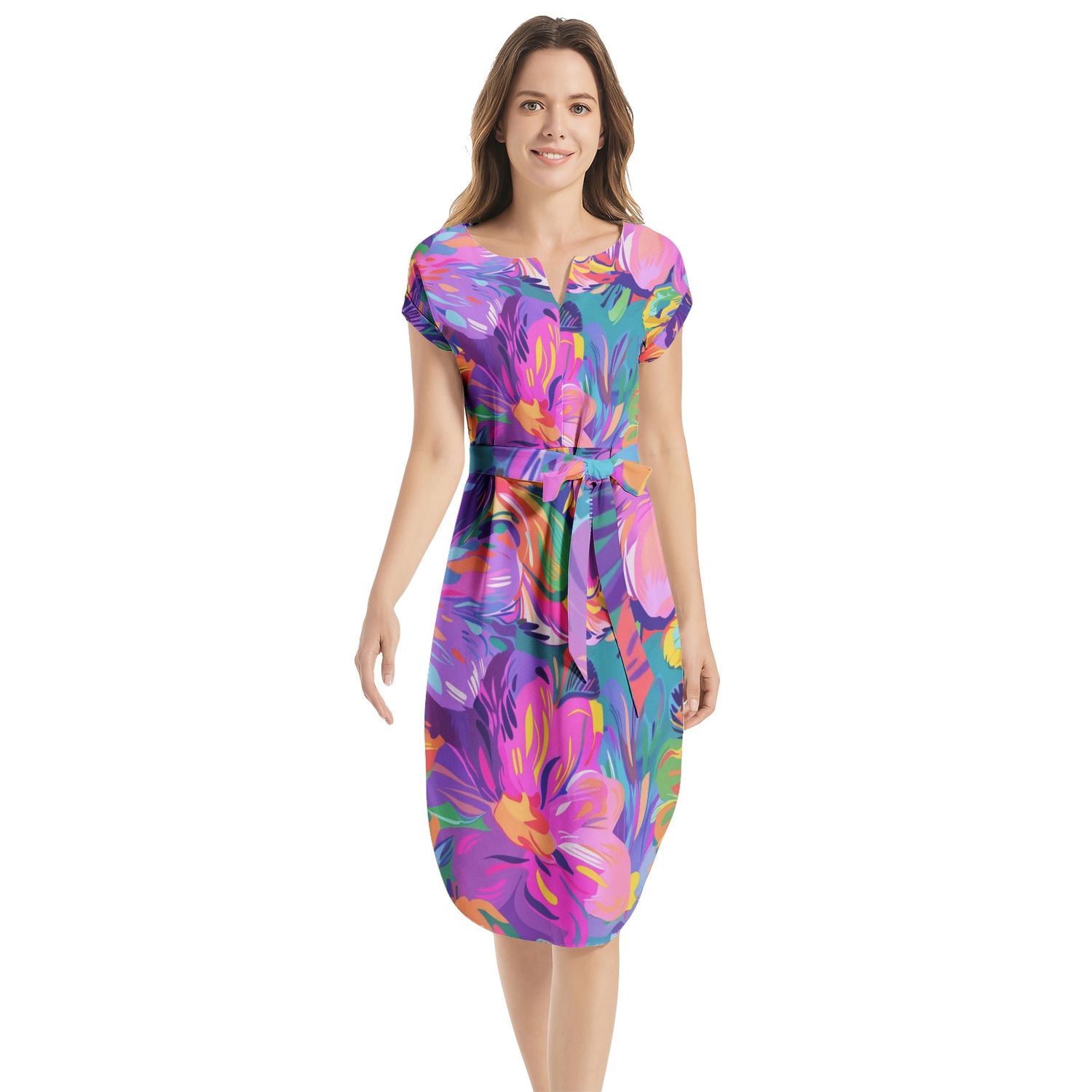 Notched Neck Belted Dress