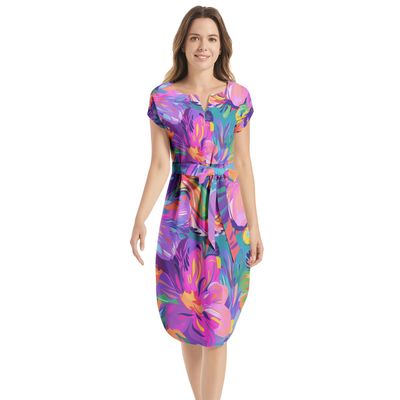 Notched Neck Belted Dress