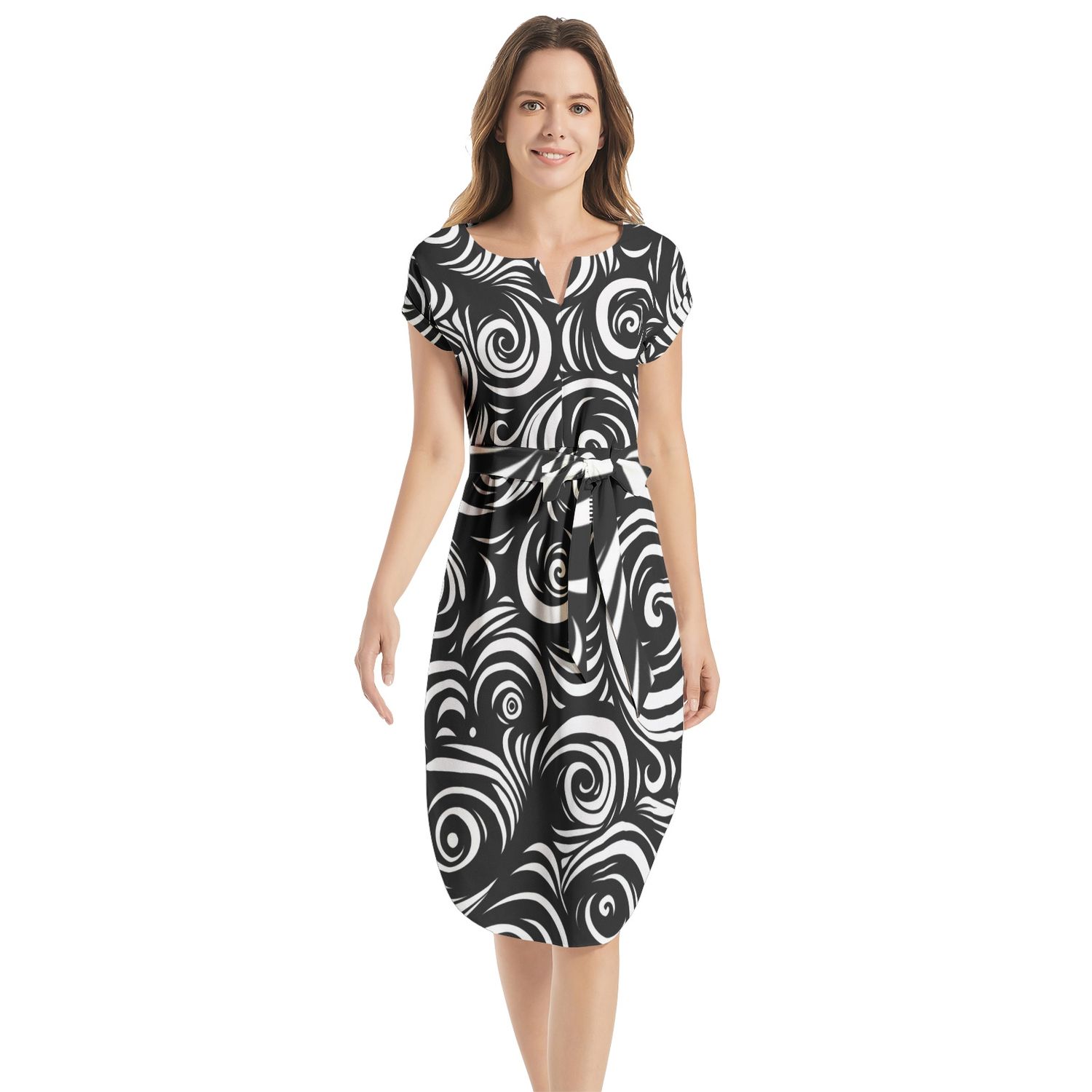 Notched Neck Belted Dress