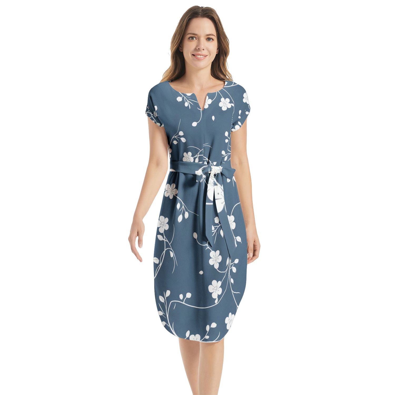 Notched Neck Belted Dress