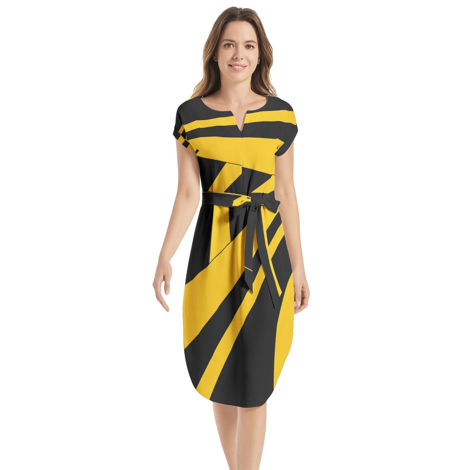 Notched Neck Belted Dress