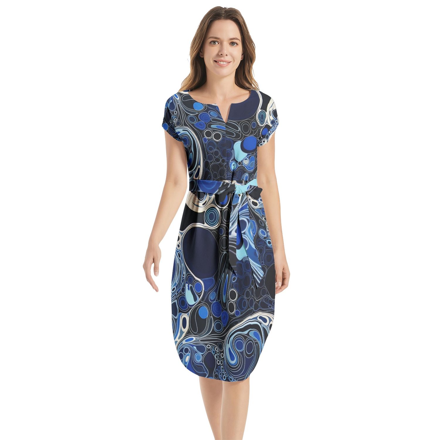 Notched Neck Belted Dress