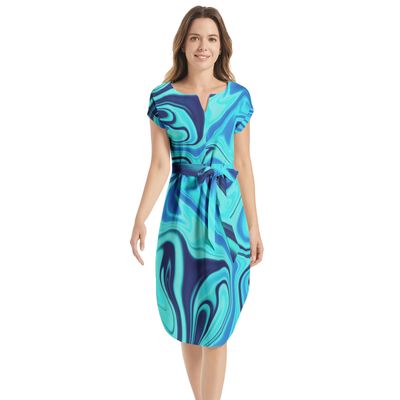 Notched Neck Belted Dress