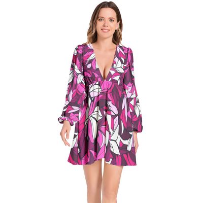 Lantern Sleeve Deep V-Neck Short Dress