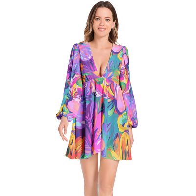 Lantern Sleeve Deep V-Neck Short Dress