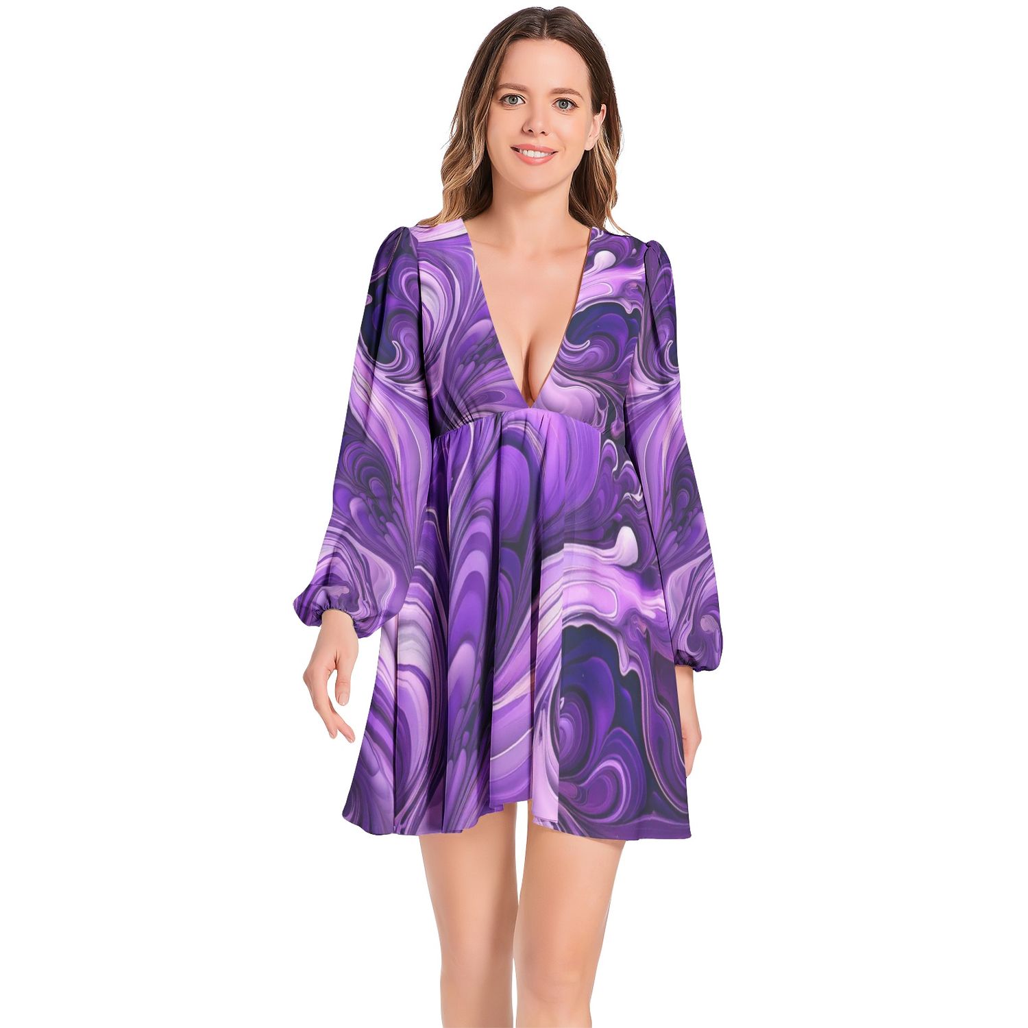 Lantern Sleeve Deep V-Neck Short Dress