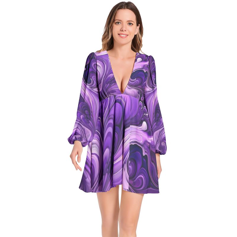 Lantern Sleeve Deep V-Neck Short Dress