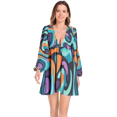 Lantern Sleeve Deep V-Neck Short Dress