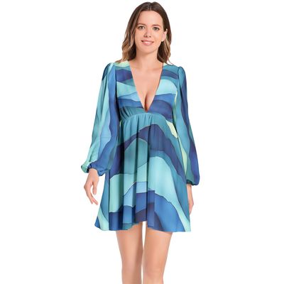 Lantern Sleeve Deep V-Neck Short Dress