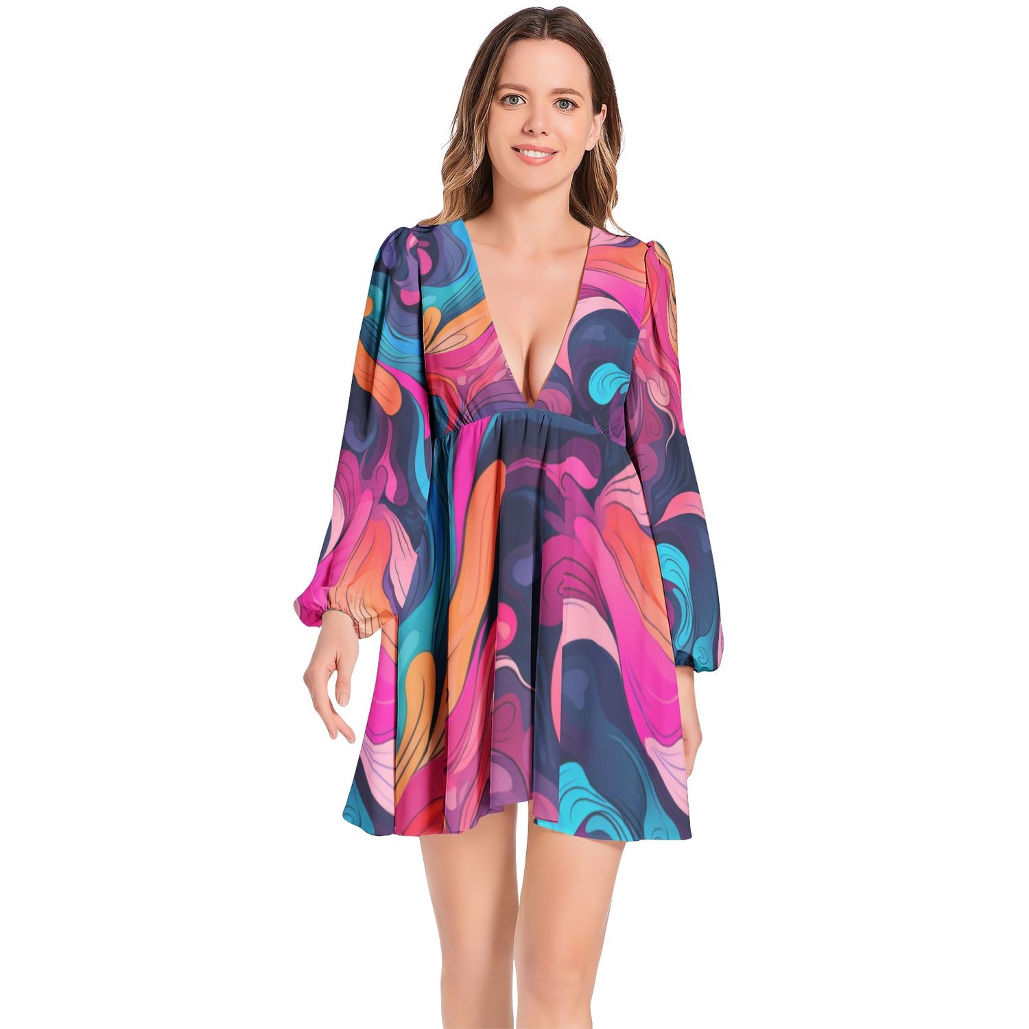 Lantern Sleeve Deep V-Neck Short Dress