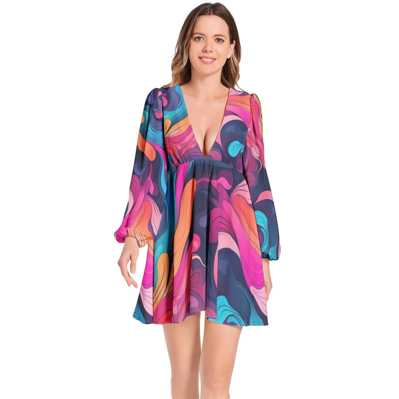Lantern Sleeve Deep V-Neck Short Dress