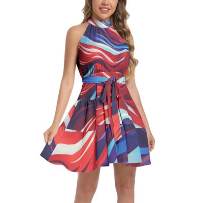Ruffle Hem Belted Halter Dress