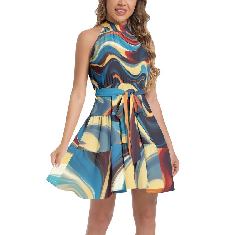 Ruffle Hem Belted Halter Dress