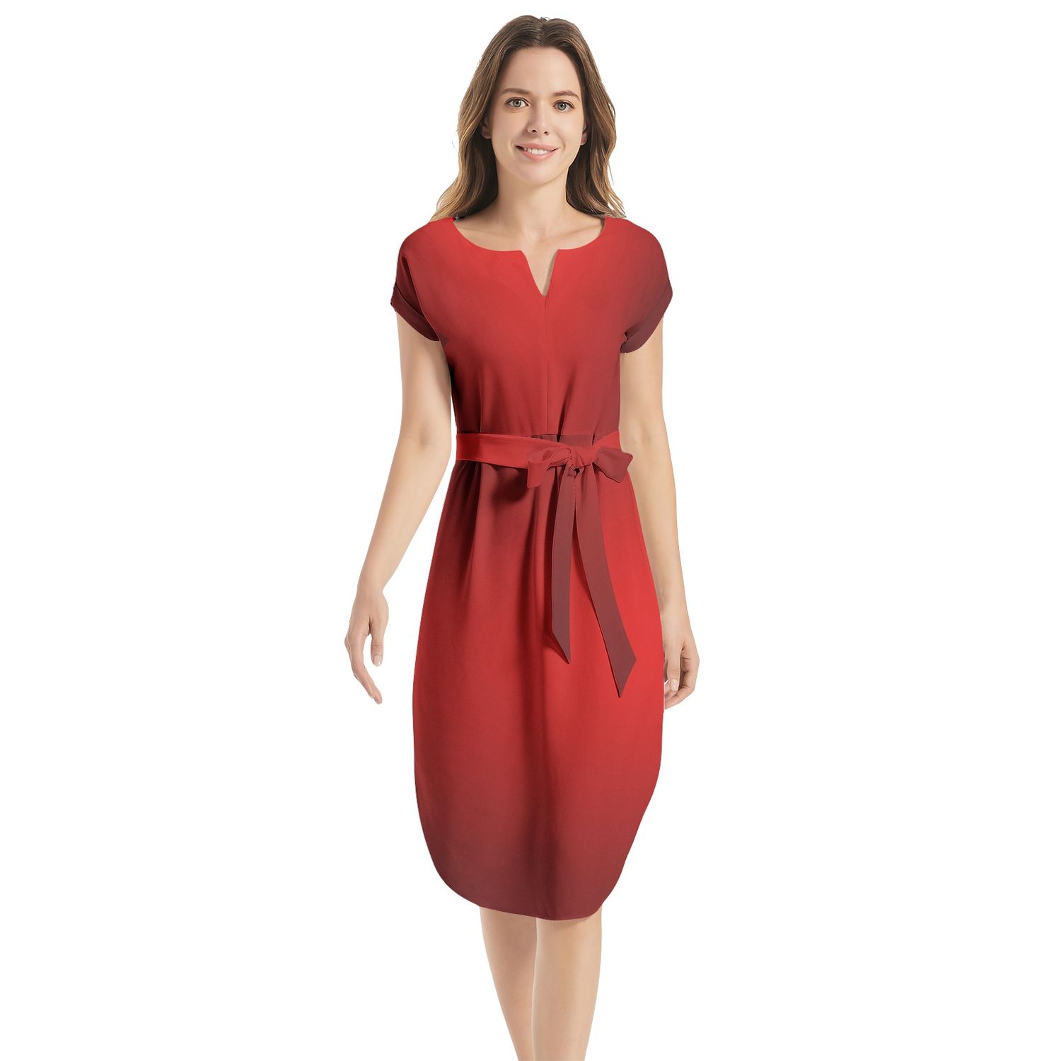 Notched Neck Belted Dress