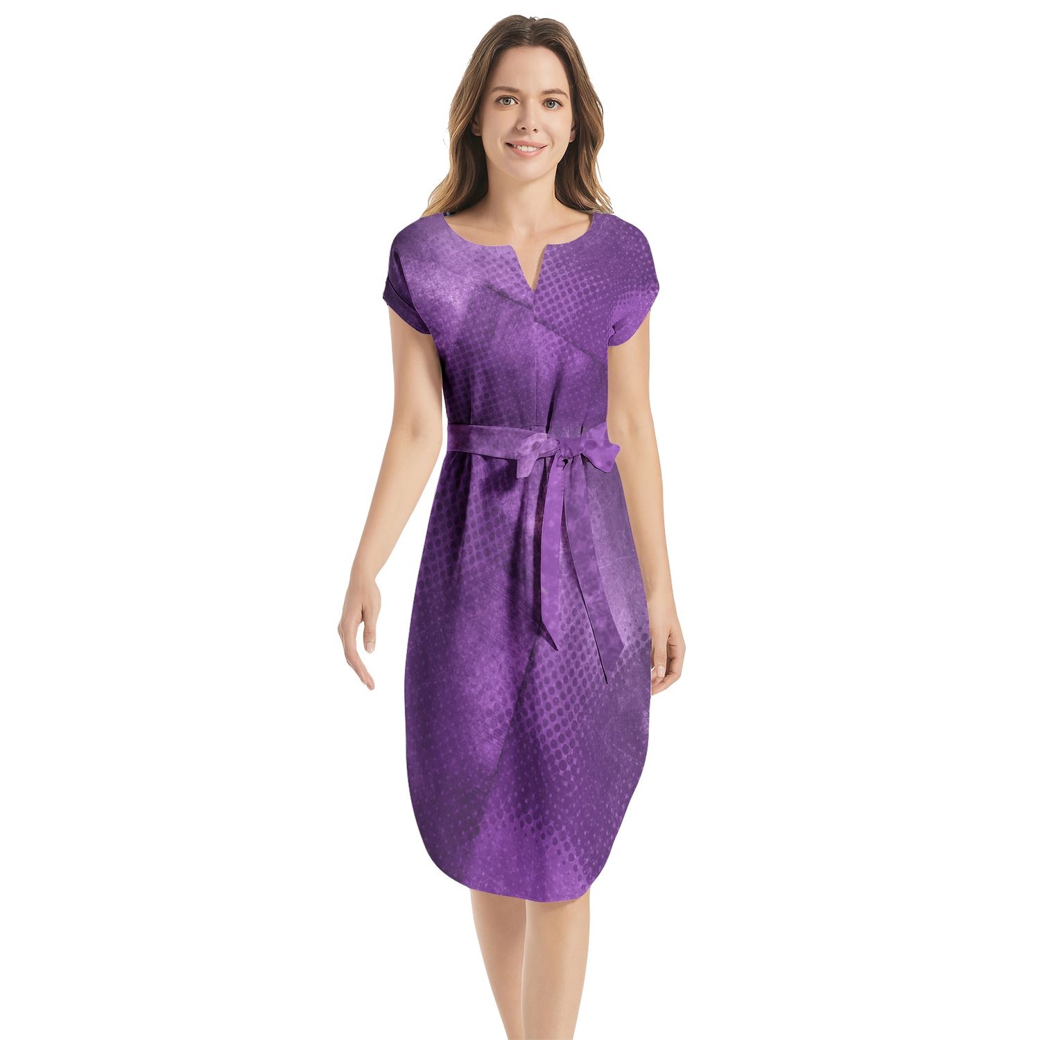 Notched Neck Belted Dress