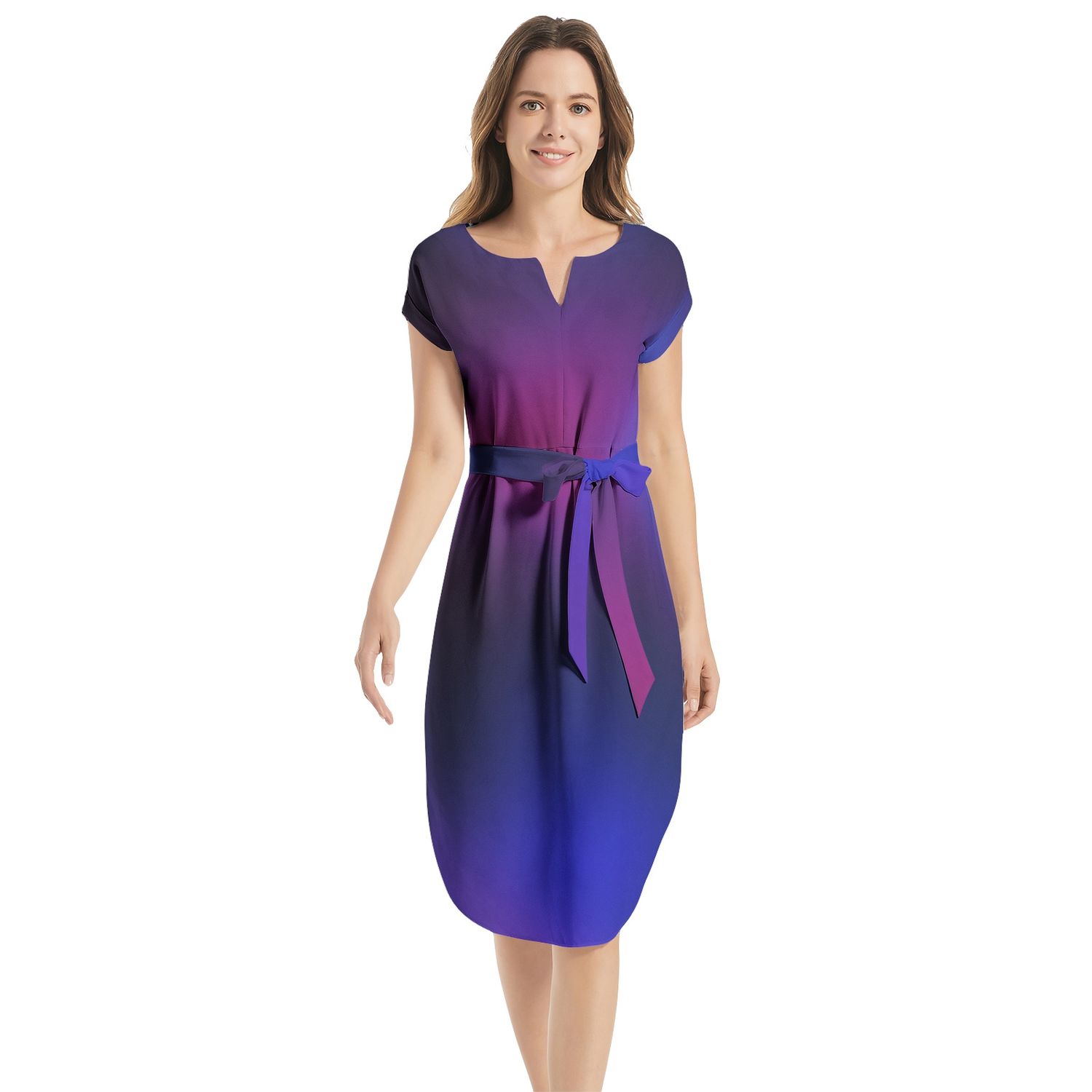 Notched Neck Belted Dress