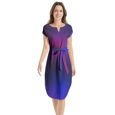 Notched Neck Belted Dress