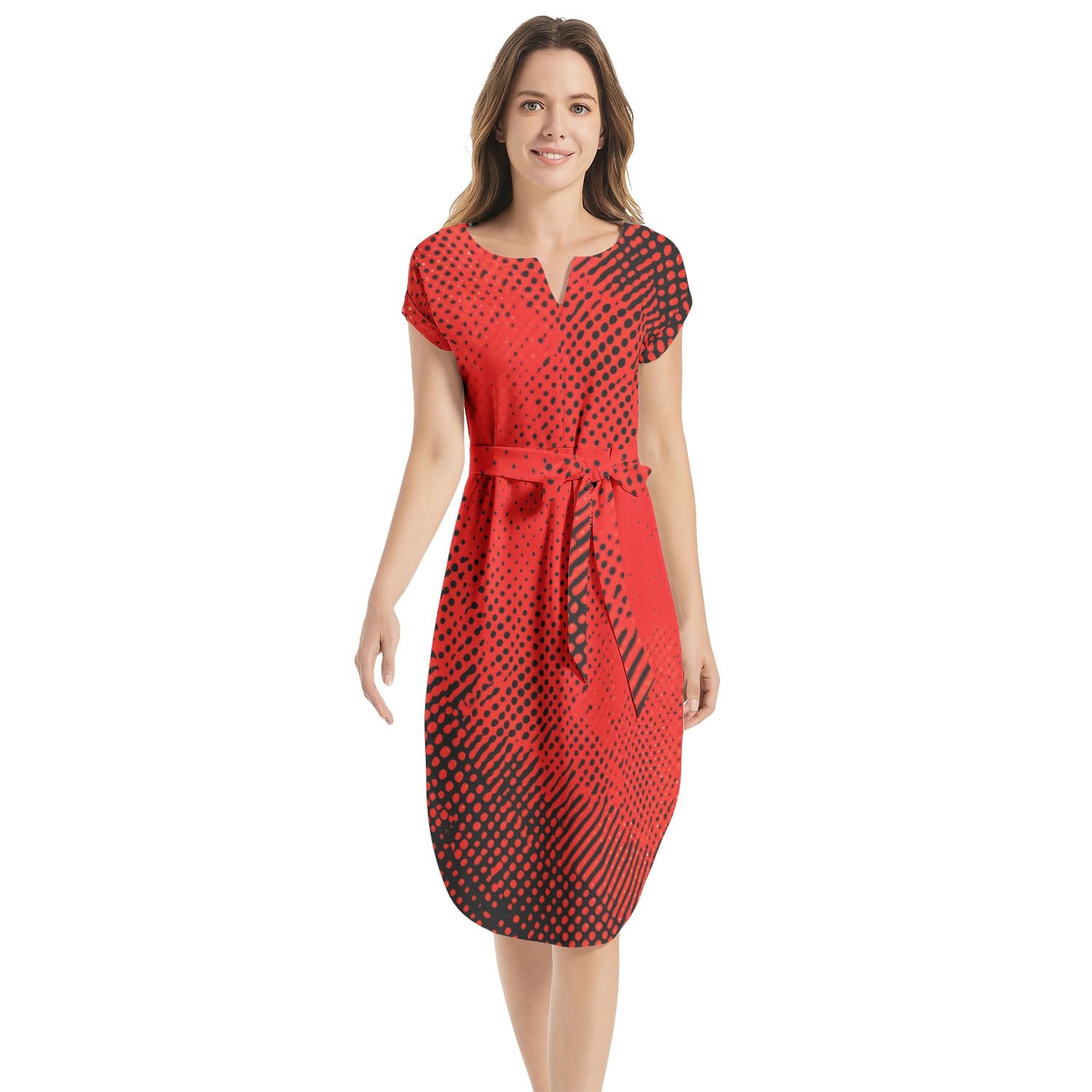 Notched Neck Belted Dress