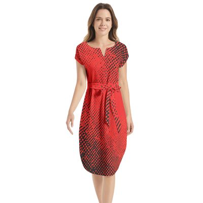 Notched Neck Belted Dress