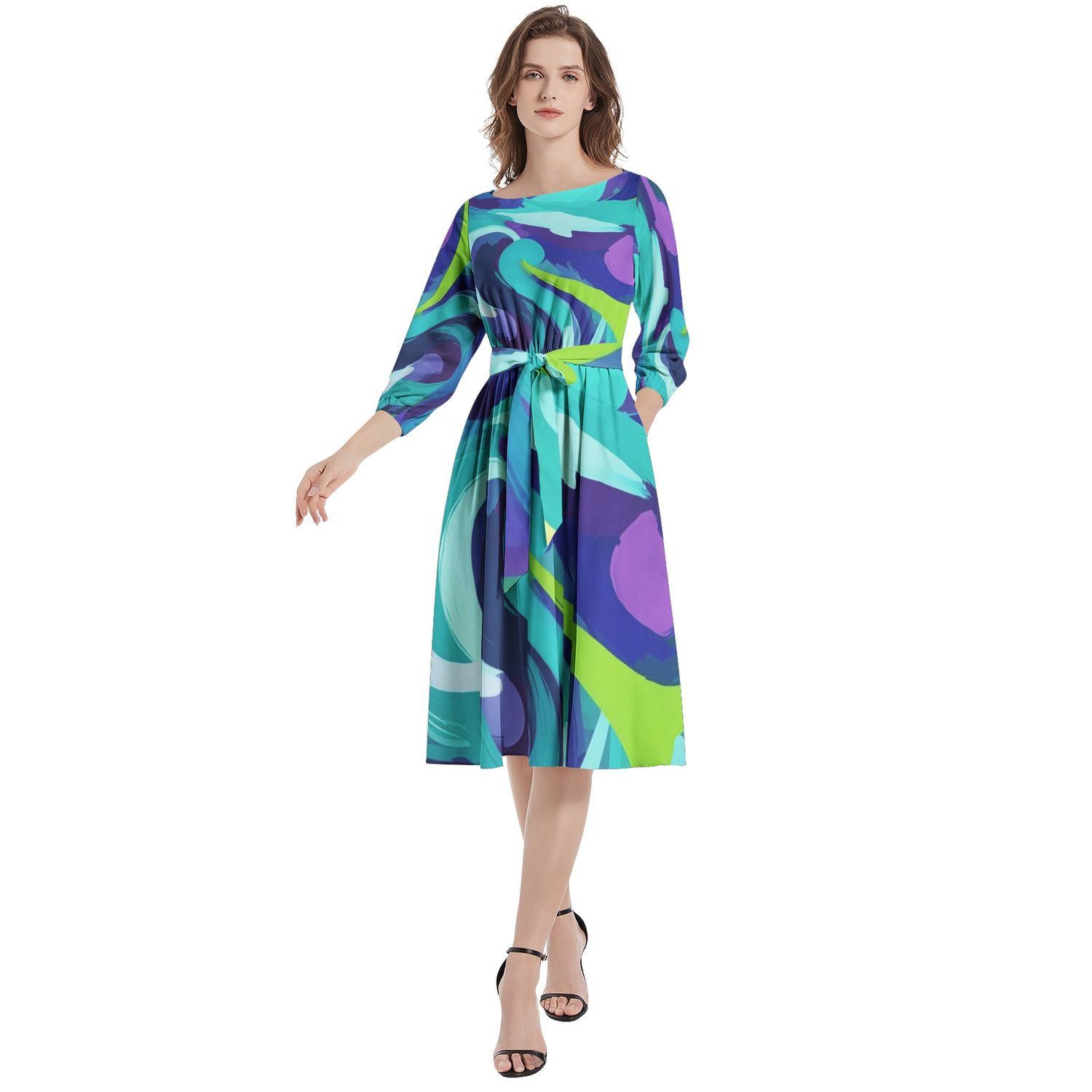 Boat Neck Belted Flared Dress