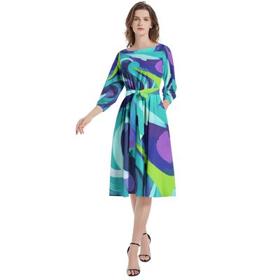 Boat Neck Belted Flared Dress
