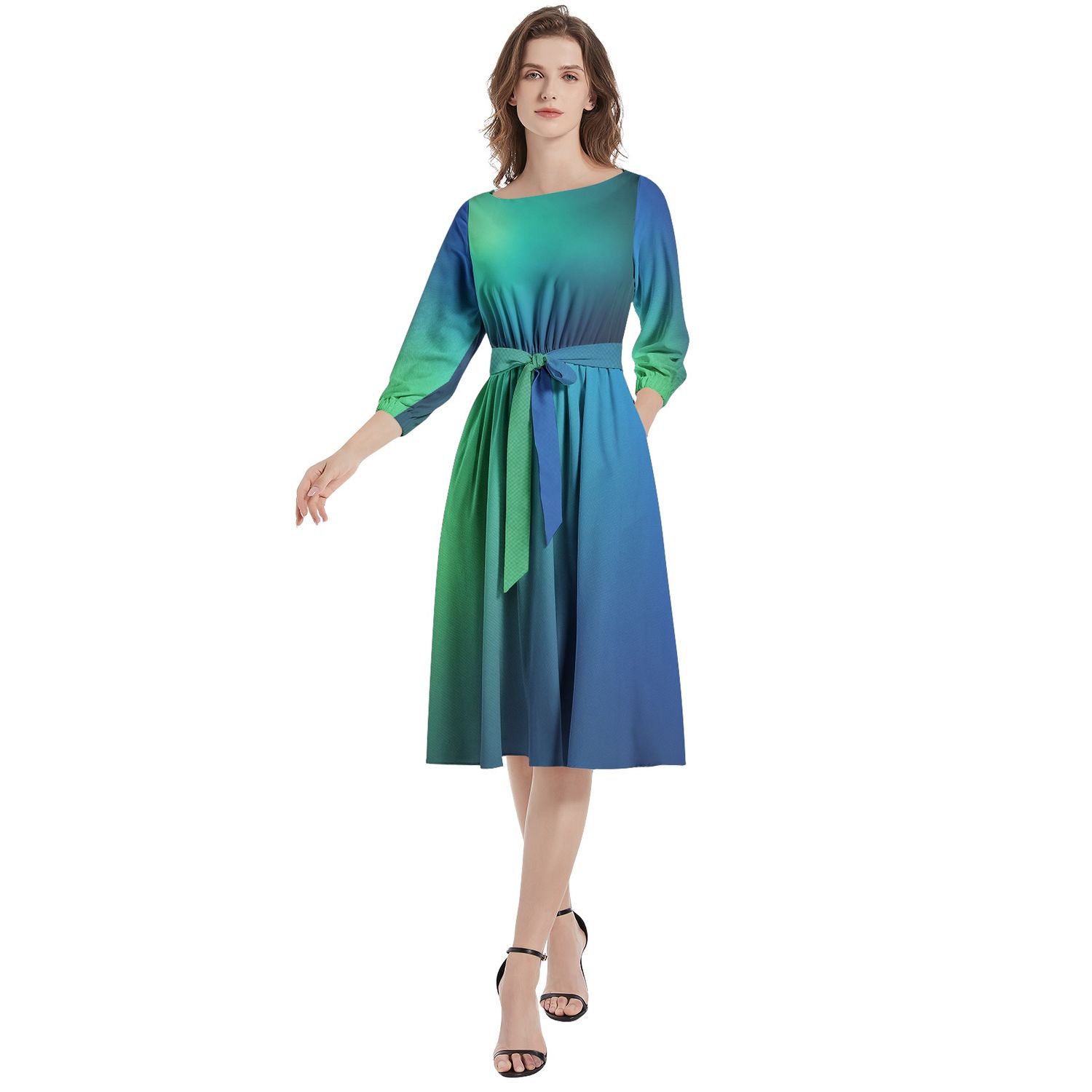 Boat Neck Belted Flared Dress