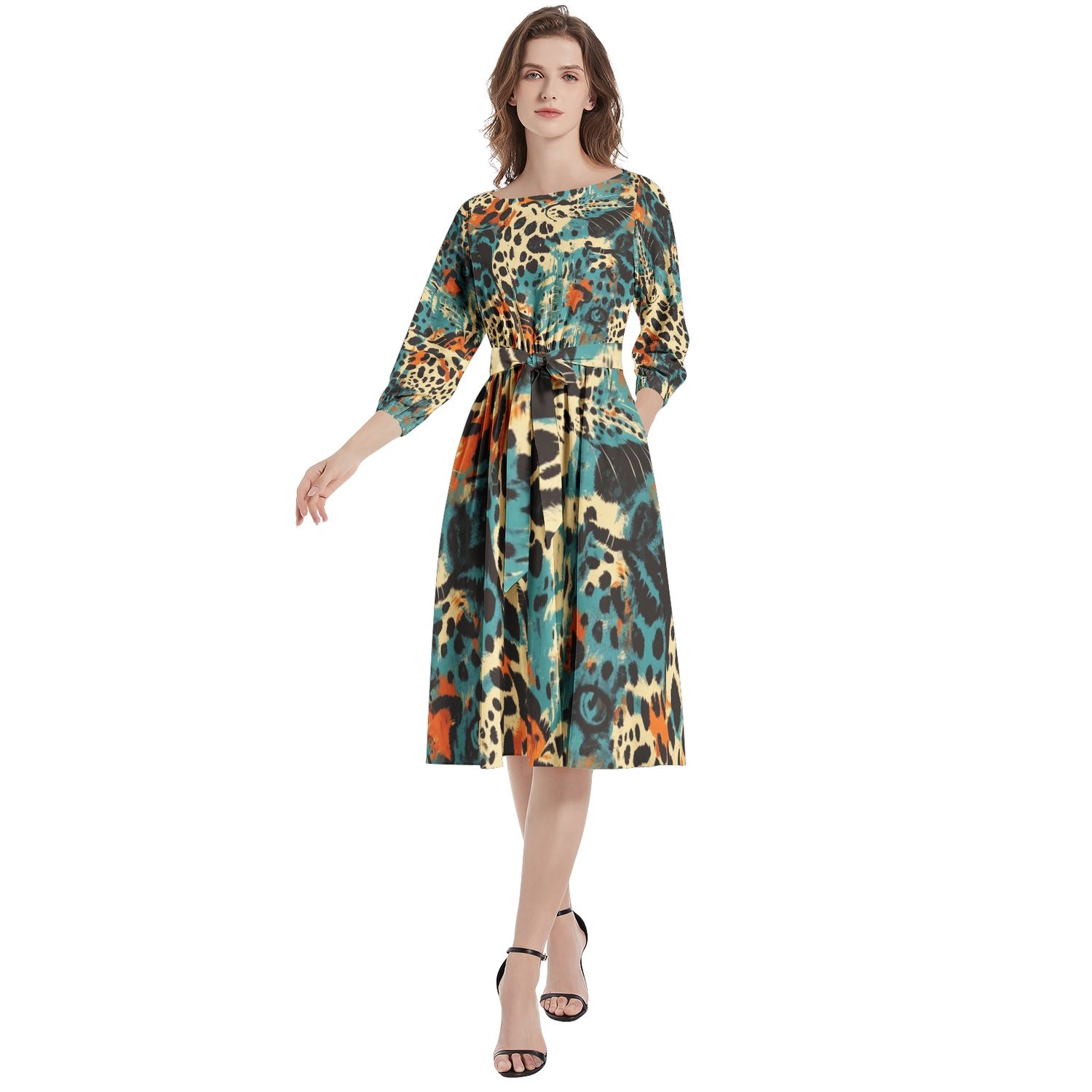 Boat Neck Belted Flared Dress