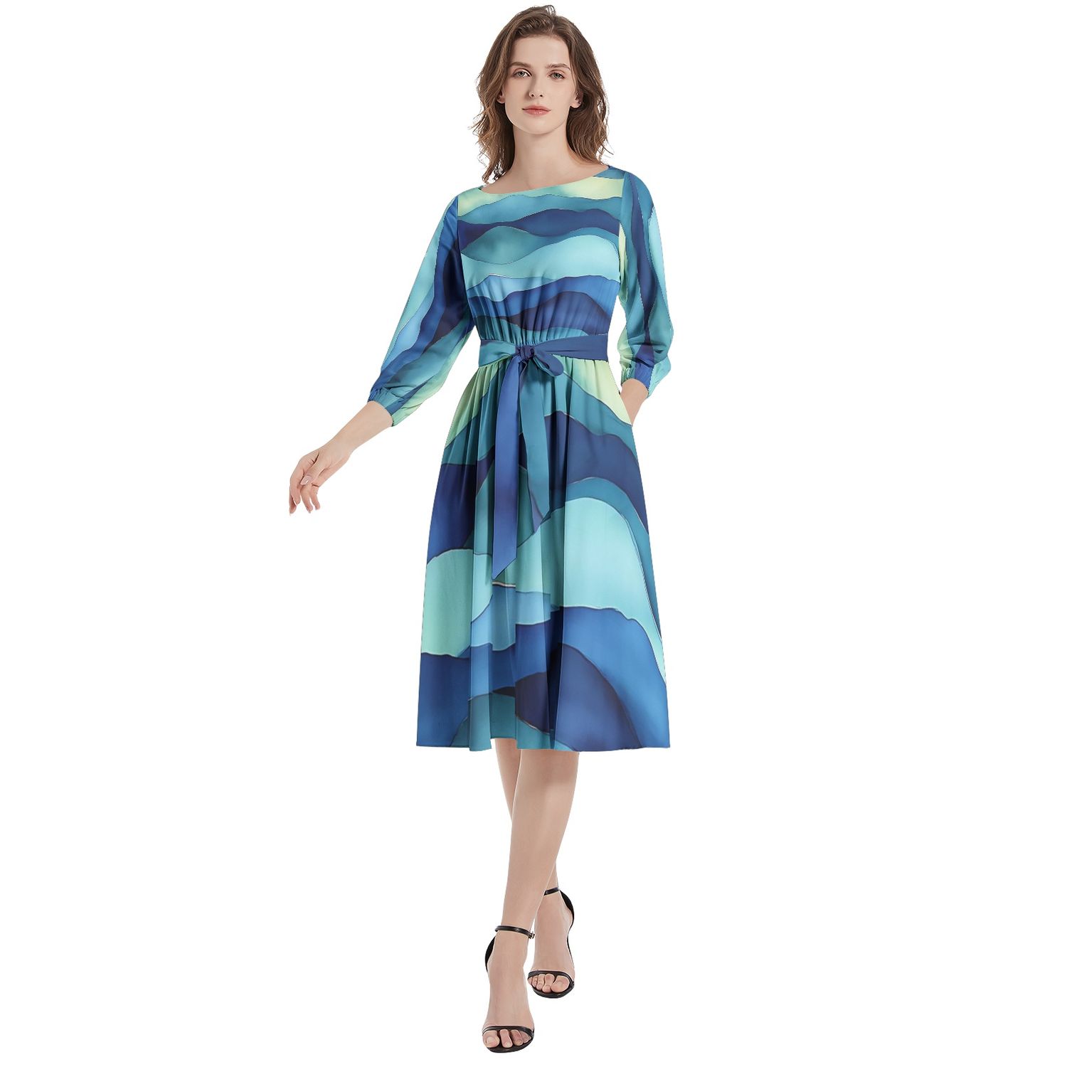 Boat Neck Belted Flared Dress