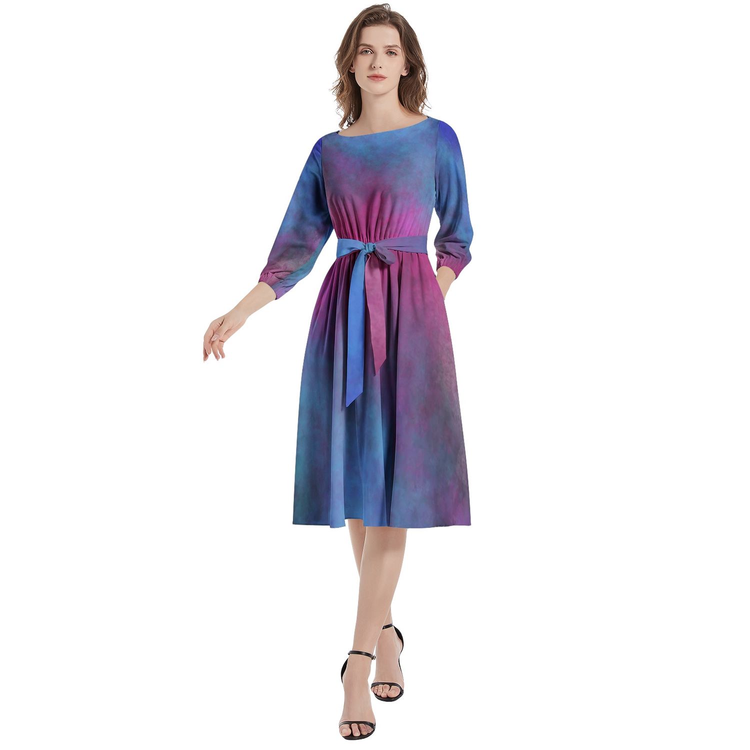 Boat Neck Belted Flared Dress