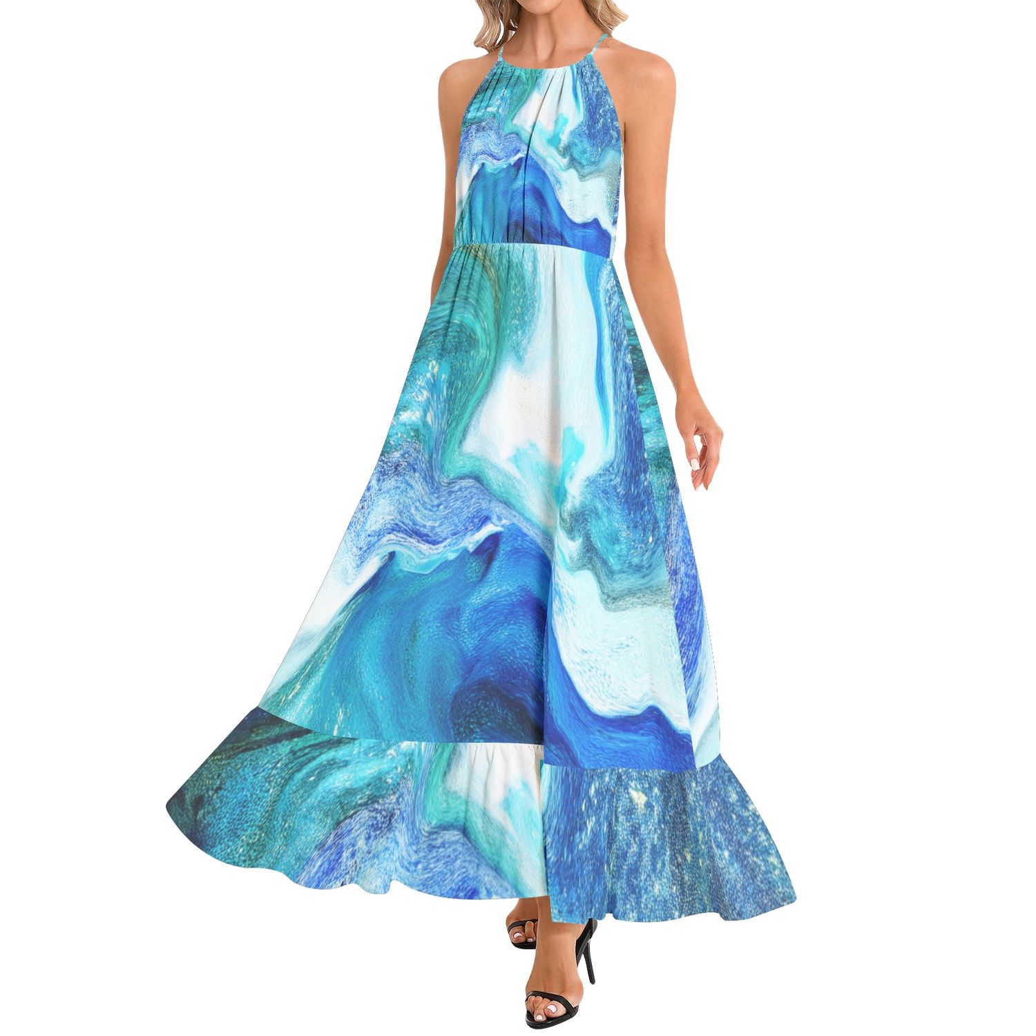 Ruffle Hem Halter Neck Maxi Dress