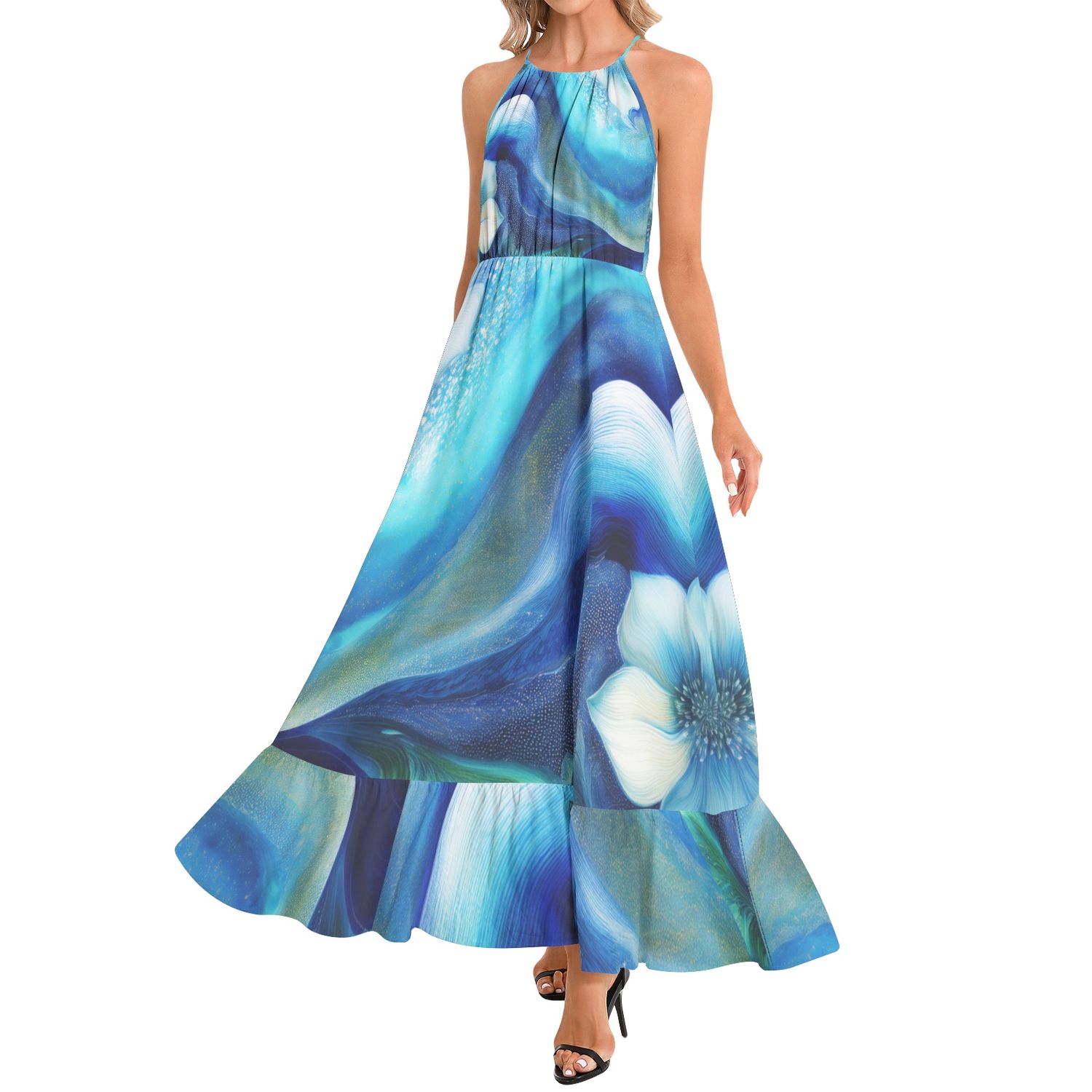 Ruffle Hem Halter Neck Maxi Dress