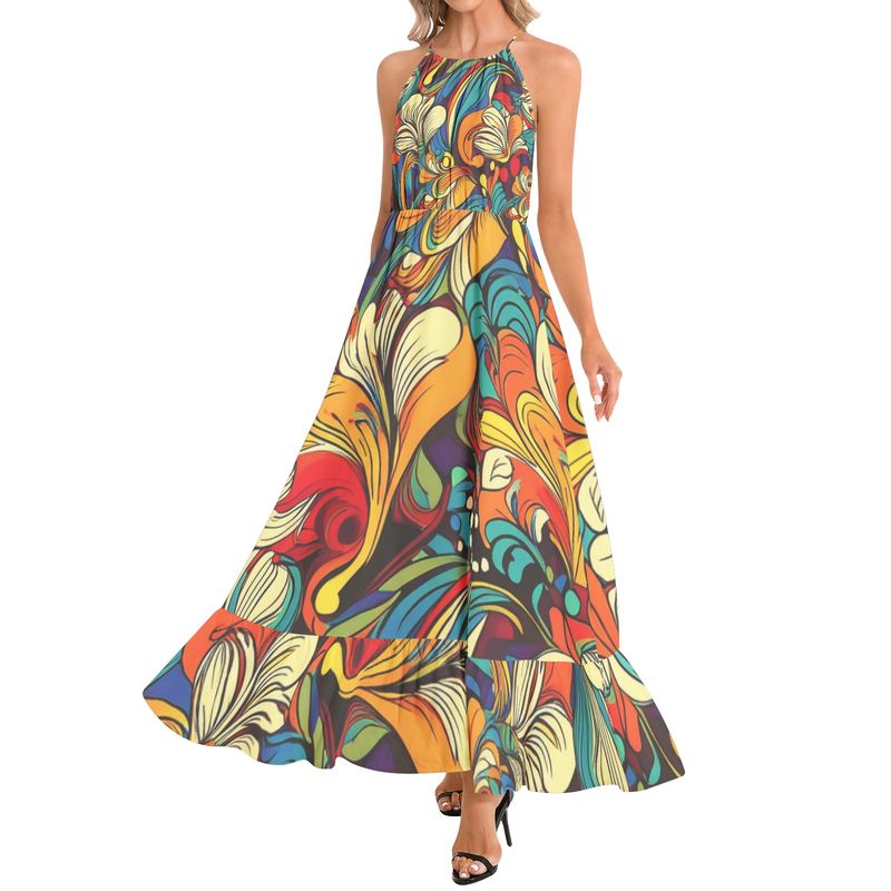 Ruffle Hem Halter Neck Maxi Dress