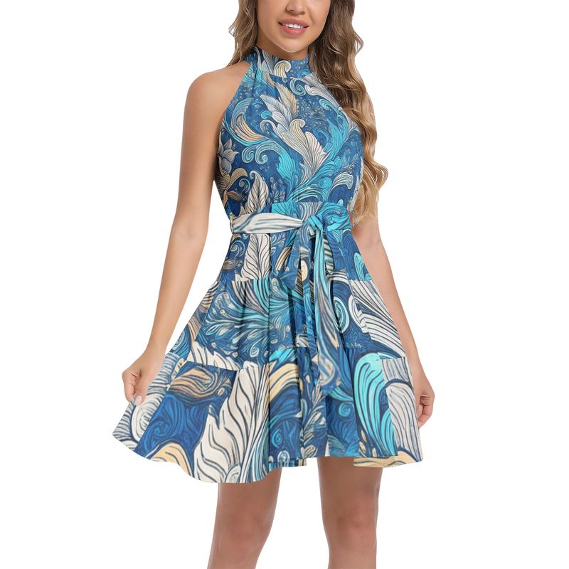 Ruffle Hem Belted Halter Dress