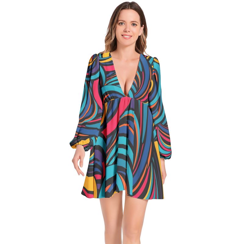 Lantern Sleeve Deep V-Neck Short Dress