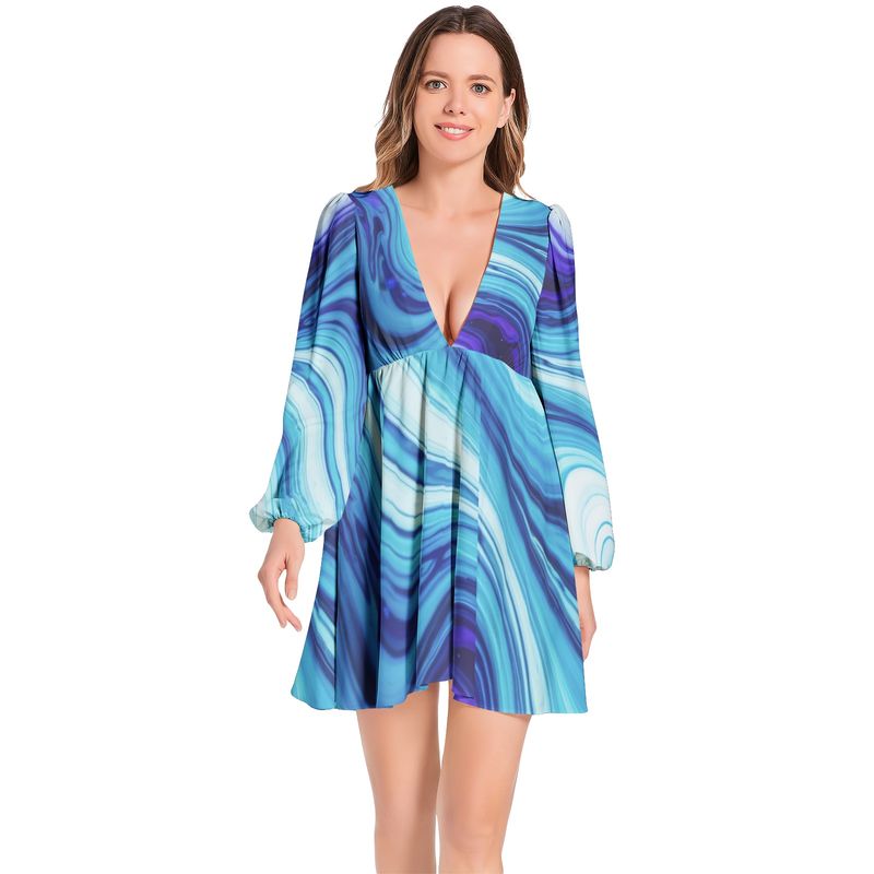 Lantern Sleeve Deep V-Neck Short Dress