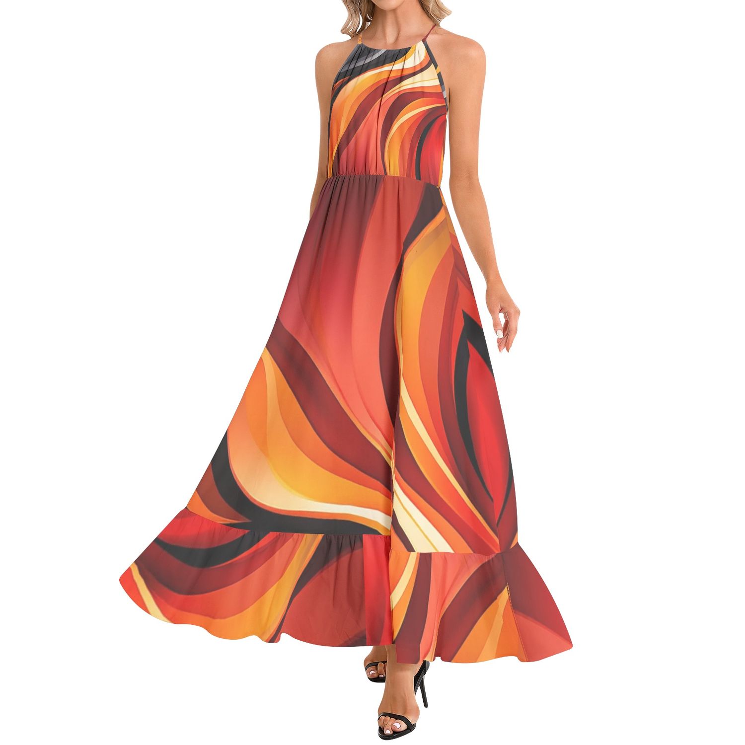 Ruffle Hem Halter Neck Maxi Dress